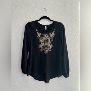 Xhilaration Black Boho Sheer Long Sleeve Blouse with Tan Neckline‎ Design Size S